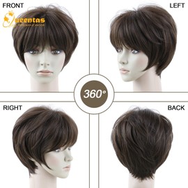 Queentas Short Brown Wigs for Women,Short Wigs for Women,Pixie Cut Wig,Wigs for Women,Ladies Wigs UK,Synthetic Fiber (Dark Brown)