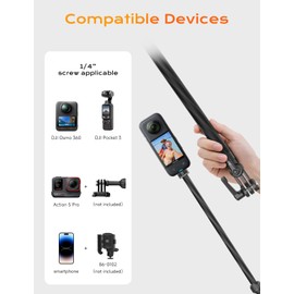 MOVMAX Invisible Carbon Fiber Selfie Stick with 1/4 "-20 Thread,Extendable Action Camera Accessories for Insta360 X5 / X4 / X3/Gopro,Lightweight Vlog Stick,40cm-100cm/1.3ft-3.2ft