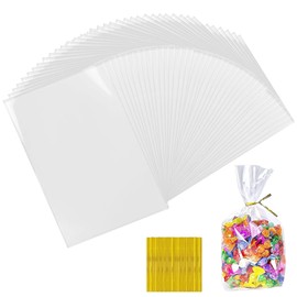 100 Stück Cellophantüten Klar 20 x 30 cm, Süßigkeiten Tüten, Zellophantüten mit 100 Metallischen Bindebaender, Süßigkeiten Geschenkbeutel, für Süßigkeiten Mitgebsel Kindergeburtstag Gastgeschenke