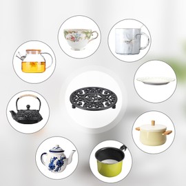 SUMTree 2pcs Round Cast iron Teapot Trivet, Decorative Heavy Duty Hot Pot Holder Mat, Vintage Chrysanthemum Pattern Cast Iron Trivet with Rubber Pegs for Kitchen Dining Table, 13.6 * 13.6 * 2cm