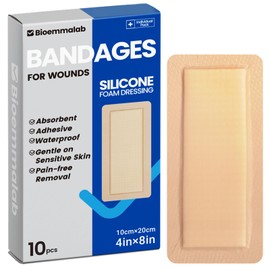 Large Waterproof Bandages 4x8 Silicone Foam Dressing for Sensitive Skin Wound Care, Adhesive Cohesive Pad with Border for First Aid, Post Surgical and Burn, Pressure, Scar Healing (10 PCS)