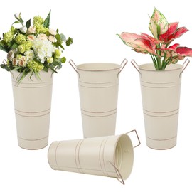 Notakia 10.62 Inch Galvanized Metal Vases Farmhouse French Flower Bucket Vases for Cut Flowers for Home Decor and Wedding Table Centerpiece Decorations (Medium Size Beige 4Pcs)