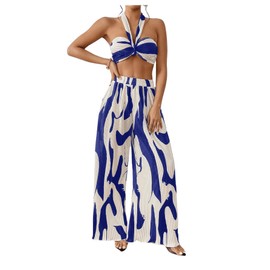 OYOANGLE Women's 2 Piece Outfits Graphic Print Knitted Crop Halter Top and Wide Leg Pants Set Royal Blue Medium