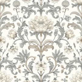 REDAMANCY Vintage White Grey Damask William Morris Flower Peel and Stick Wallpaper Stick on Contact Paper Vintage Wall Paper Easy Peel Off for nightstand Drawer Cabinet Renter