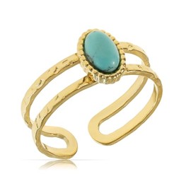 Made by Nami Filigree Boho Stainless Steel Ring Gold with Oval Turquoise Gemstone Gift Women's Jewellery Size Adjustable & Waterproof, Stainless Steel, Turquoise