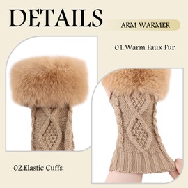 PESAAT Knit Arm Warmers Faux Fur Fingerless Gloves for Women Winter Wrist Warmers with Thumb Hole (Khaki)
