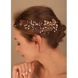 Deniferymakeup Gold Leaves Hair Vine Pearls Hair Vine Bridal Headpiece Wedding Hair Jewelry Hair Accessory for Women and Girls (Rose Gold)