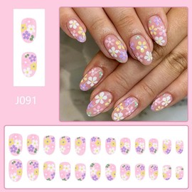 Colorful Flower Press on Nails Short Almond Fake Nails with Floral Designs Light Pink False Nails Spring Stick on Nails Summer Full Cover Reusable Artificial Nails for Women Girls Manicure 24Pcs