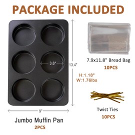 Elesinsoz 2 Pcs Muffin Top Pan with Lid, 3.6 Inch Non-Stick 6 Cup Straight Cupcake Pan Muffin Pans Come with 10pcs Bread Bags with Ties, Hamburger Bun Pan for Home/Kitchen Baking