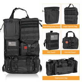 Molle Car Seat Back Organizer Tactical Seat Back Organizer with 5 Molle Pouch, Medical Pouch Admin Pouch Drawstring Dump Pouch EDC Pouch Tactical Fanny Pack Molle Panel Accessories