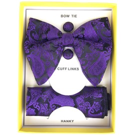Justar Mens Pre-Tied Paisley Bowtie Oversized Tuxedo Bow Tie Hankie Cufflinks Set (Purple)