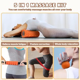 5 in 1 Foam Roller Set, Trigger Point Foam Rollers, Yoga Stick, Massage Ball, Resistance Band, for Deep Muscle Massage, Pilates Yoga, Fitness Exercise for Whole Body (Orange)