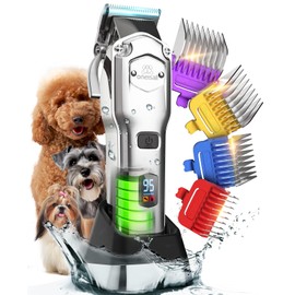 oneisall Professional Dog Grooming Clippers: Cordless Rechargeable Thick Hair Clipper with Detachable Metal Combs, Low Noise Heavy-Duty Pet Clippers for Curly/Fine/Wavy Hair, 676pro (Silver)