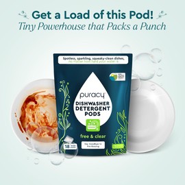 Puracy Dishwasher Pods, Natural Dishwasher Detergent, Free & Clear Dish tabs - Enzyme-Powered, Spot & Residue Free - TikTok Trend Items, Must Haves from TikTok Made Me Buy It (Free & Clear, 18 Count)