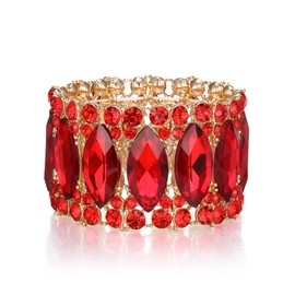 Clearine Bridal Stretch Bracelet Fashion Round Marquise Rhinestone Crystal Bangle Jewellery for Women Party Wedding Guest Ruby Gold-Tone