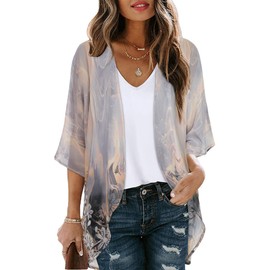 Women's Floral Print Puff Sleeve Kimono Cardigan Loose Cover Up Casual Blouse Tops (Grey Gold Floral,XXL)