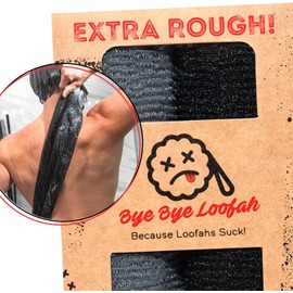 Bye Bye Loofah Paño exfoliante extra áspero - Extremo para cuerpo y espalda para ducha, extra largo, higiénico, para hombre o mujer, paquete de 2, 1 negro y 1 gris.