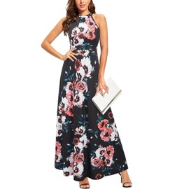 STYLEWORD 2025 Fashion Women's Summer Boho Pink Floral Sleeveless Hawaiian Beach Maxi Long Halter Dress Trendy(Floral07,L)