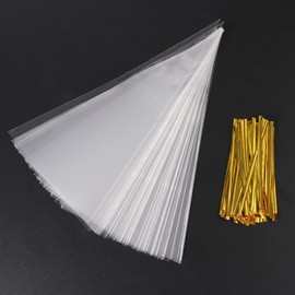 ccHuDE 100 Pcs Clear Cellophane Cone Bags Cello Treat Popcorn Bags Christmas Candy Bags Gift Treat Bags Plastic Goody Bags with Silver Twist Ties for Party