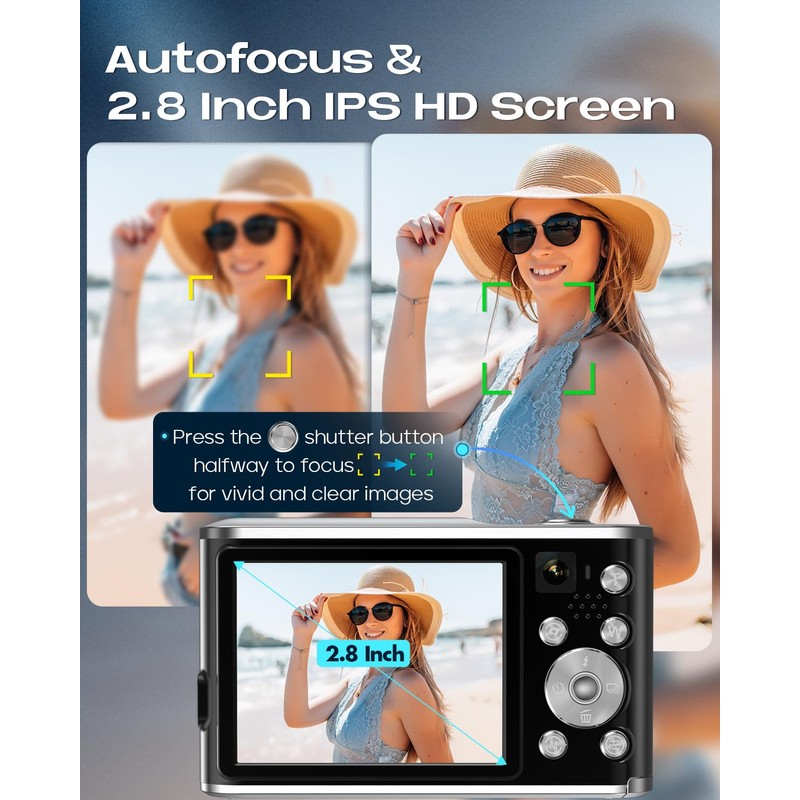 Digital Camera, AutoFocus 4K Compact Camera with Dual Camera with