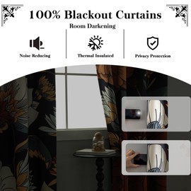 Tyrot Black Boho Floral 100% Blackout Curtains for Bedroom 63 inch Long 2 Panels Mid Century Botanical Black Out Curtains for Living Room Grommet Thermal Insulated Room Darkening Window Drapes,42Wx63L