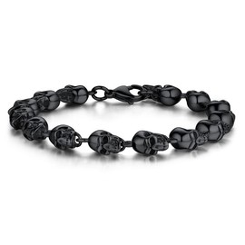 Bandmax Black Skull Bracelet Men's Stainless Steel Bracelet Skull Bracelet Charm Bracelet Skull Link Bracelet Skull Bangle Gothic Skull Jewellery Length 21 cm, Stainless Steel