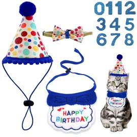 Cat Birthday Party Supplies, Girl Cat Kitten Birthday Bandana Birthday Hat Bow tie with Numbers Pet Birthday Decorations Outfits for Cat (Royal Blue)