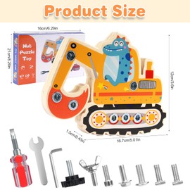 Montessori Screw Board, Dinosaur Digger Toy from 3 Years, Busy Board Wooden Children's Toy, Motor Skills Toy, Educational Games for Children, Girls, Boys