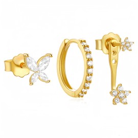 Aucuu 3 Pairs 14K Gold Plated Stud Hoop Earrings Set, Hypoallergenic Stud & Hoop Earrings Set with Cubic Zirconia, Stud Earrings Set for Women Girls for Multiple Piercings, Jewelllery Gifts