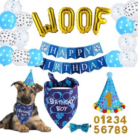 Ficsowy Dog Bandana Birthday Party Supplies Set, Includes Woof Balloons, Happy Birthday Banner, Dog Outfit, Party Hat, Paw Print Balloons, for Boy Dog Birthday Party Decorations(Bule)