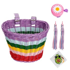 Handwoven Kids Front Bike Basket - Bicycle Cycling Baskets with Spare Leather Straps | Cute Stickers | Bike Tassles | Bike Bell - Bike Accessories for Kids