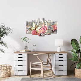 DuoBaorom 5 Pieces Pink Rose Wall Art Romantic Butterfly Picture Grey and Gold Floral Canvas for Bedroom