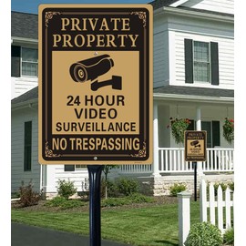 2 Pack Private Property No Trespassing Signs with 36-Inch Metal Stakes,14x10 Inches 24 Hour Video Surveillance Sign,Rust Free Aluminum, Hardware included