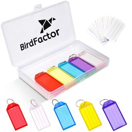 BirdFactor 25 Pack Heavy Duty Key Tags with Labels - 5 Colours, Plastic Box with Extra Paper Labels, Keyrings & Key Fobs with Split Rings for Keys, Pets, Luggage & Memory Stick Tags