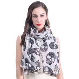 Lina & Lily Sugar Skulls Print Women's Scarf Shawl Wrap Lightweight (White)