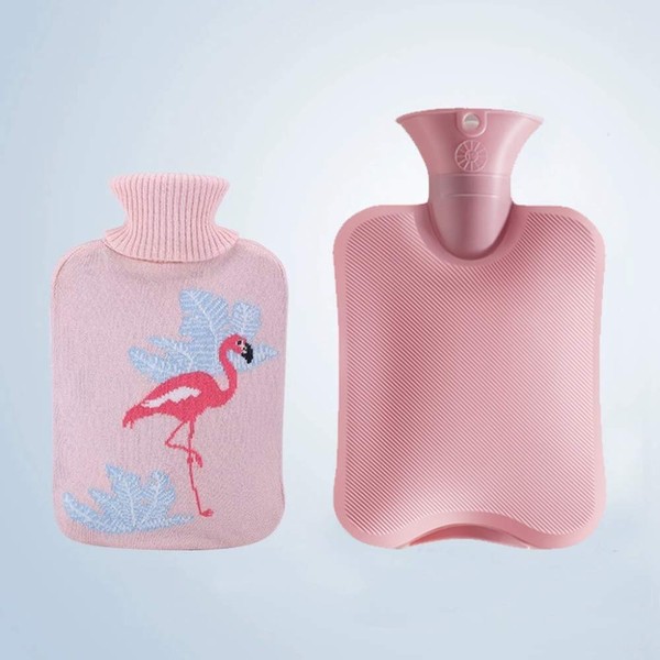 REHON Hot Water Bottle with Knitted Cover Novelty Cute Pet Bed Warm Waist Warm Back Hot Water Bottle 2 Litres Pink Flamingo 2000 ml