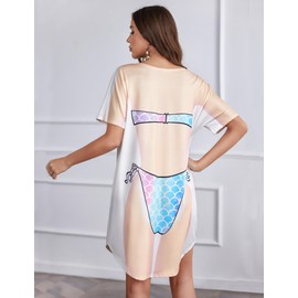 Ekouaer Short Sleeve Funny Bikini Cover Up Women Novelty Fake Body Tee Shirts Summer Bathing Suit Coverups Mermaid Shiny XL