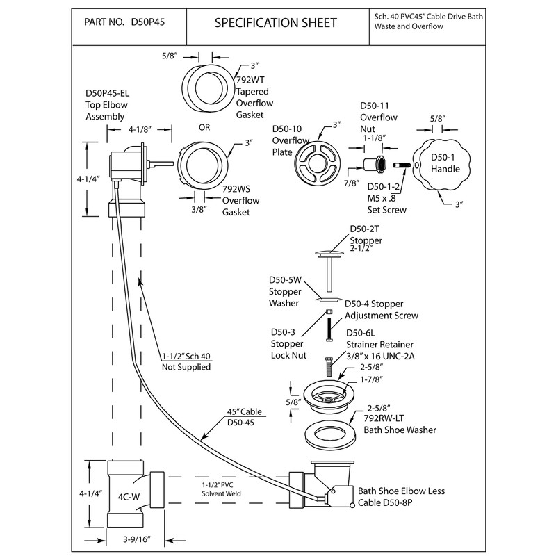 Westbrass D50P45-26 45" Cable Drive Standard Bath Drain Trim Kit