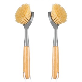 2 Pack Dish Brushes with Bamboo Handle, Kitchen Dish Scrubber Built-in Scraper, Scrub Brush for Pans, Pots, Counter & Kitchen Sink Cleaning, Dishwashing and Cleaning, Perfect Cleaning Tools, Gray