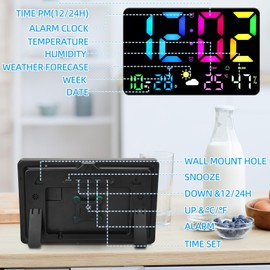Xakay Wecker Digital Großes Display, Wecker Nachttisch, 12" Wanduhr Digital mit Fernbedienung, LED-Leuchtziffern RGB-Nachtlicht, Datum, 12/24H, 0-100% Dimmung, Temperatur und Feuchtigkeit, Digital Uhr
