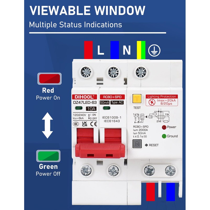DIHOOL Ground Fault Circuit Breaker with Voltage Surge Arrester Protection,