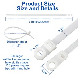120 PCS 7.5 Inch Plastic Zip Ties with Screw Holes, Heavy Duty Mountable Cable Ties, UV Resistant Electrical Zip Ties for Indoor & Outdoor (White)