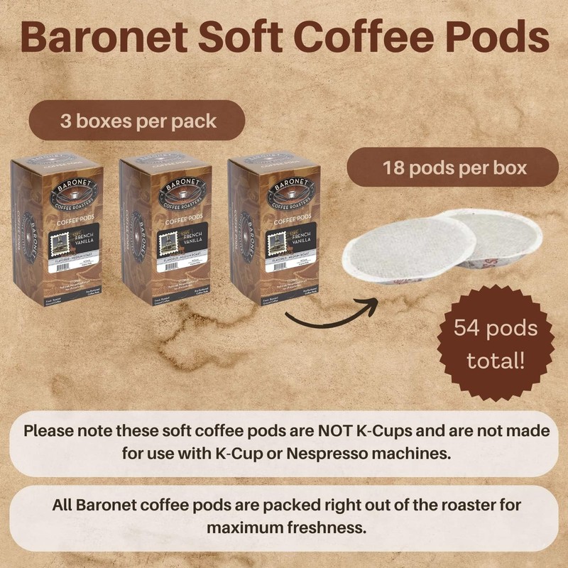 Baronet Coffee Pods [French Vanilla-54 Pods] Flavored Single Cup Use,
