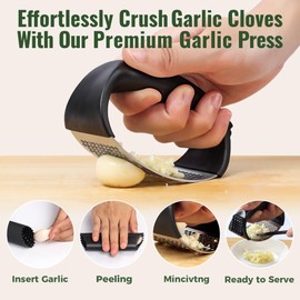 Pomyter Garlic Press Rocker, Stainless Steel Garlic Mincer and Garlic Crusher, Easy-Squeeze Garlic Tool with Peeler and Cleaning Brush for Smashing Garlic