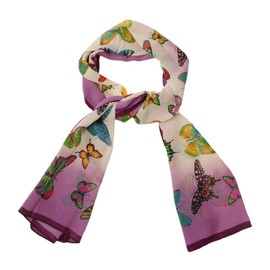 Bedazzled Purple and Cream Fade with Multicoloured Butterfly Patterned Print Lightweight Summer Chiffon Scarf - in Gift Bag