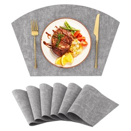 Homaxy Round Table Placemats Set of 6, Washable Wedge Shaped Faux Leather Table Mats, Wipeable Kitchen Dinner Place Mats for Indoor Outdoor, Light Grey