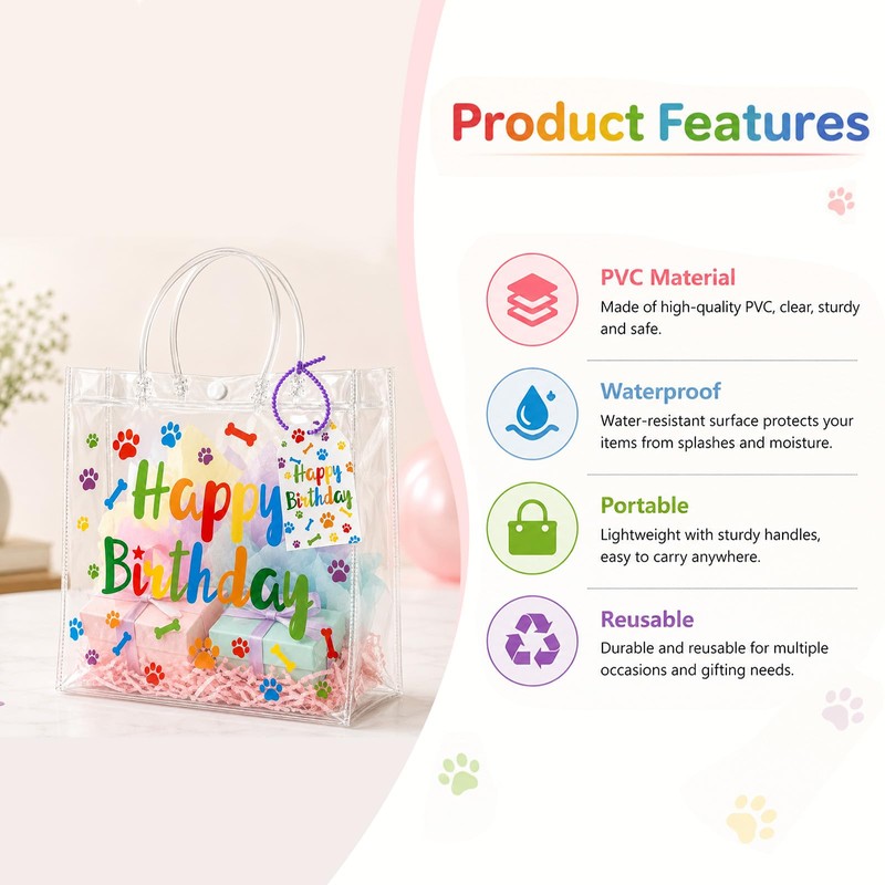 joycraft Dog Paw Clear PVC Gift Bags with Handles, 12Pcs