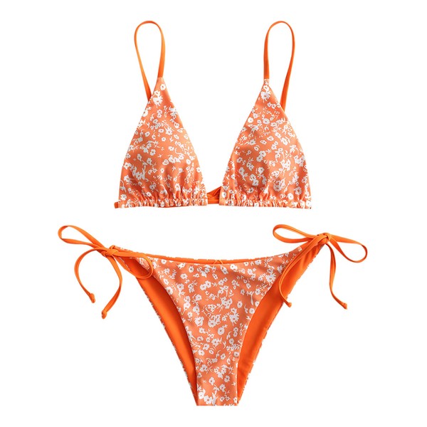 ZAFUL Women's Triangle Bikini Floral String Bikini Set Two Piece Swimsuit Bathing Suits (2-Pumpkin Orange, M)