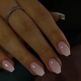 Ombre Pink Press on Nails Short Medium Square,SXVME White and Pink Glue on Nails,French Fake Nails Acrylic Press ons Trapezoid Shaped Short Coffin Nail for Women 24 PCS