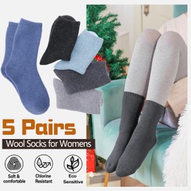 Sandsuced Womens Merino Wool Thermal Socks Warm Winter Cozy Long Heavy Comfy Socks for Ladies Mum Stocking Fillers Women Gifts Thick Crew Work Soft Boot Socks 5 Pairs(Solid Color G)